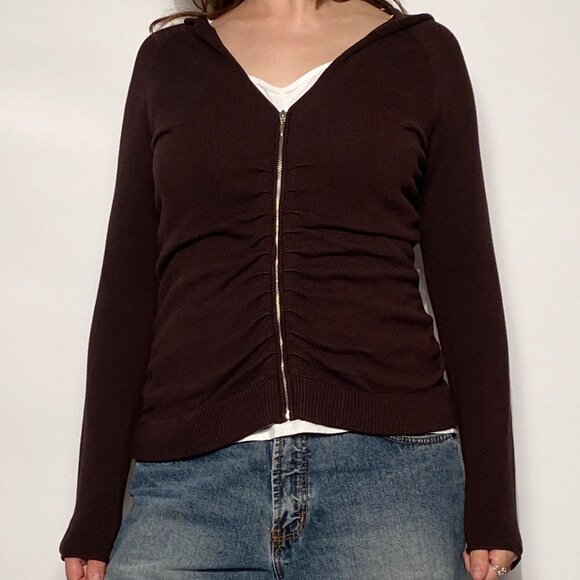 Vintage Brown Y2K PERFECT BASIC Scrunchy Ruched Zip Up HOODIE Cardigan! M to L - Picture 6 of 14